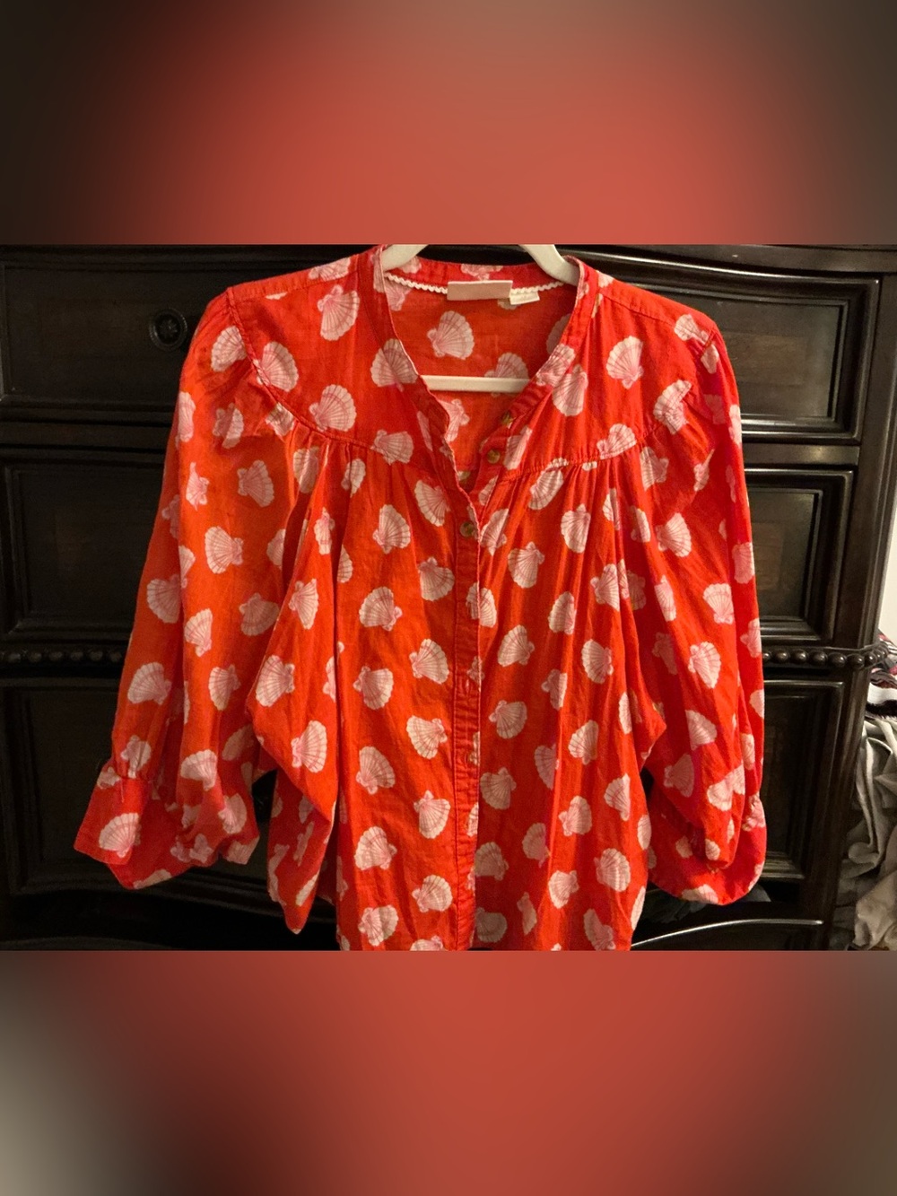 Anthropologie Coral Orange Shell-Print Button Blouse